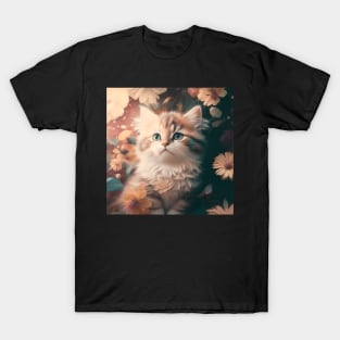 Cute Brown Kitten with flowers | White, brown and red cat with blue eyes | Digital art Sticker T-Shirt